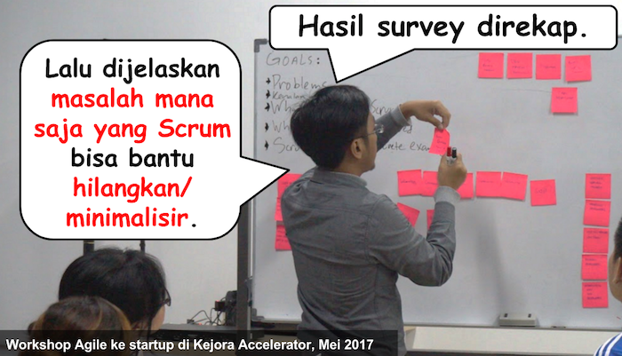 Hasil survei direkap. Dijelaskan mana saja yang Scrum bisa bantu.